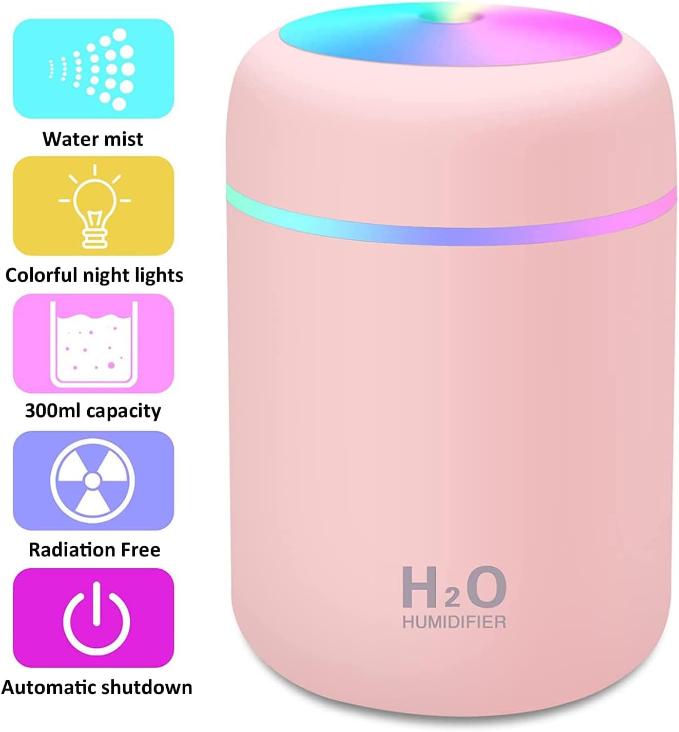 Mini Humidifier,300ml Small Cool Mist Humidifier with 7-Color LED Night Light,USB Personal Desktop Humidifier,2 Adjustable Mist Modes,Auto Shut-Off,Ultra Quiet,for Car,Office,Bedroom (Pink)