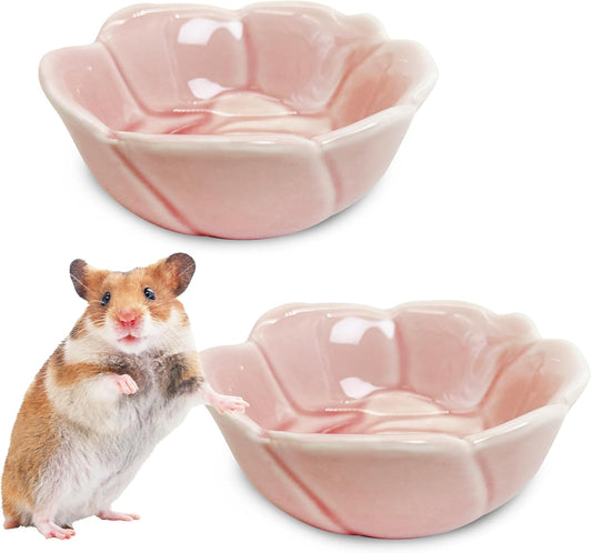 BNOSDM 2 Pcs Hamster Ceramic Food Bowl Flower Series Gerbil Drinking Bowls Anti-Turning Food & Water Dish for Dwarf Syrian Hamsters Gerbil (Pink, Rose Pattern, 3.74“ x3.74“ x1.77“)