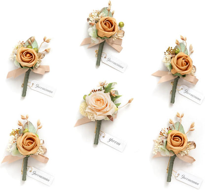 Ling's moment Boutonniere for Men, 6pcs Groom Groomsmen Boutonniere, Artificial Flowers for Wedding Decor/Prom/Homecoming, etc.Yellow Apricot Peach