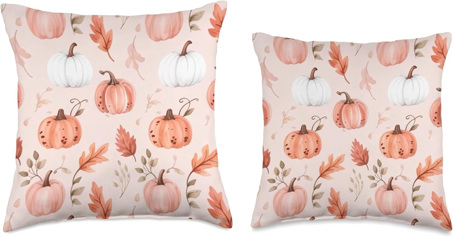 Pastel Pink Autumn Leaves Fall Pumpkin Cute Aesthetic Autumn Throw Pillow