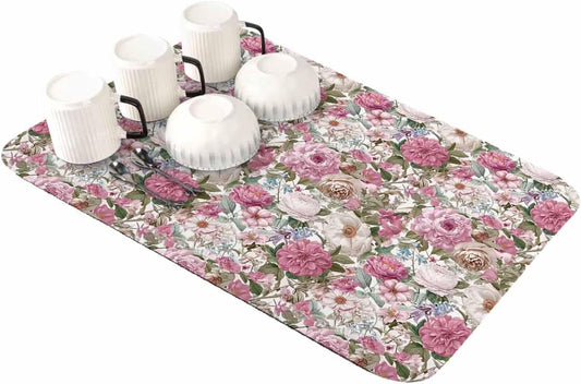 Light Pink Spring Floral Dish Drying Mat for Kitchen Counter, Drying Mats Super Absorbent Microfiber Kitchen Countertop Protector Dishes Pad 16"x24", Vintage Summer Botanical