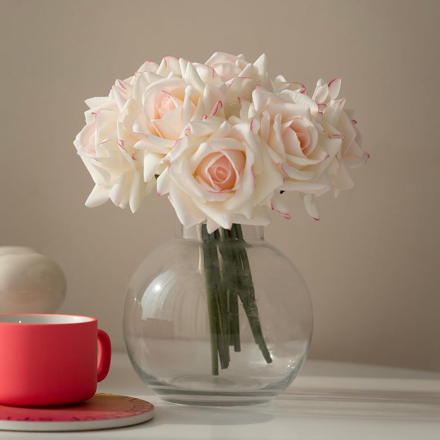 DUYONE Artificial Roses Single Stem 10pcs Fake Silk Flower Arrangement Bouquet for Home Party Wedding Decoration(Pink Edge)
