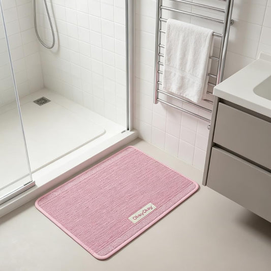 Modern Minimalist Stripe Home Carpet,Super Absorbent Bath Mat 24"x36" Quick Dry Bathroom Rug Non-Slip Low Profile Floor Door Mat for Shower Tub Sink and Entryway (Soft Memory Pink)