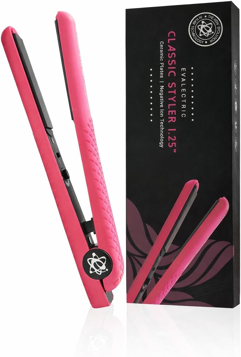Evalectric Classic Styler Hair Straightener - 1.25" Ceramic Flat Iron with Floating Plates - Dual Voltage Hair Straightener - Negative Ion Technology - Travel Friendly - Pink