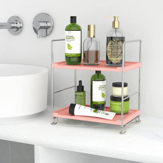 Cosmetic Storage Rack for Bathroom Countertop, 2-Tier Standing Shelf for Kitchen Organizer, Stackage Perfume and Bath Collection Organizer Tray (Pink&Silver)
