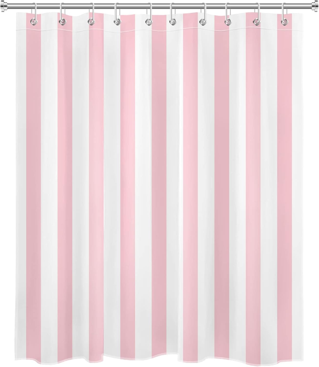 LB Pink and White Striped Fabric Shower Curtain for Bathroom with 10 Hooks, Vertical Stripe Geometric Shower Curtains for Bathroom, Modern Farmhouse Chic Style Bathroom Shower Curtains, 60x72 Inch