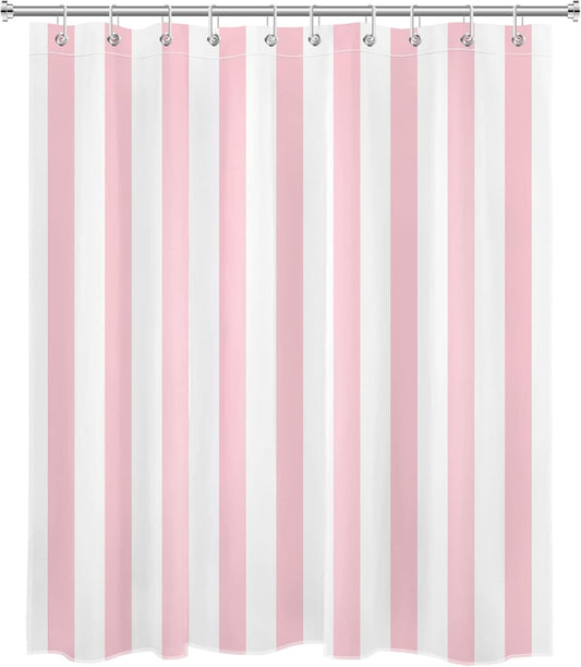 LB Pink and White Striped Fabric Shower Curtain for Bathroom with 10 Hooks, Vertical Stripe Geometric Shower Curtains for Bathroom, Modern Farmhouse Chic Style Bathroom Shower Curtains, 60x72 Inch