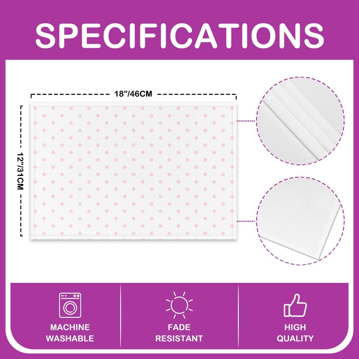 Manfei Polka Dots Placemats Set of 4,Modern Dots Pattern Place Mats,Romantic Princess Style Placemat for Kitchen Dining Table White Pink Table Mats Indoor Outdoor 18"x12"
