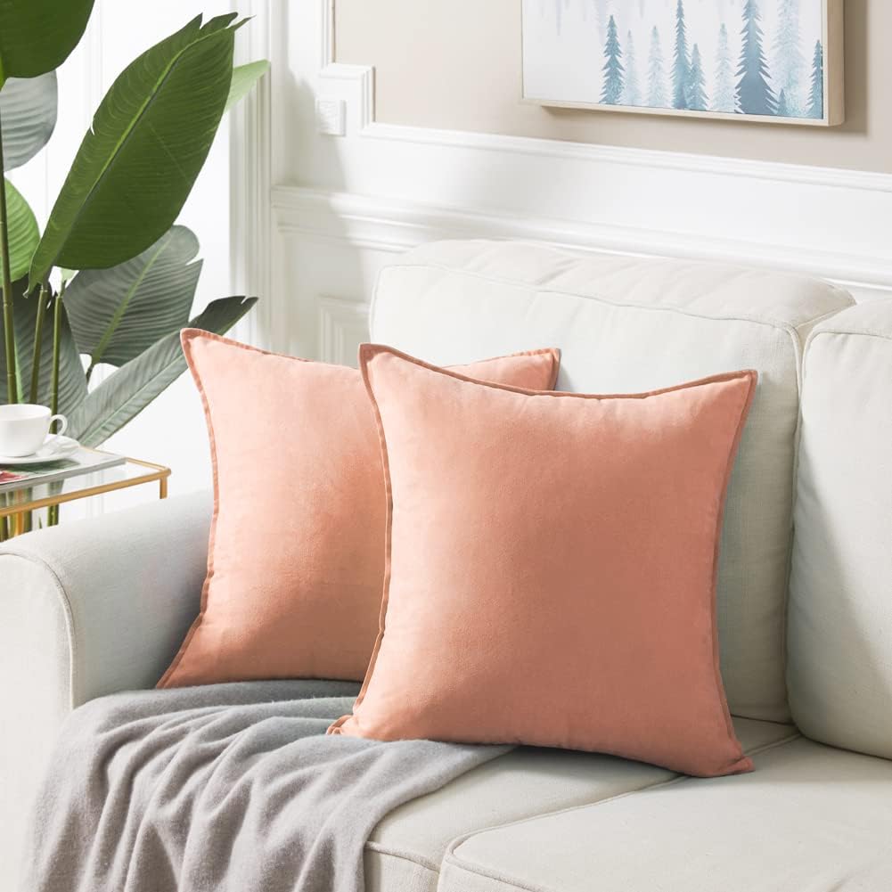 Fancy Homi 2 Packs Premium Faux Suede Decorative Throw Pillow Covers, Super Soft Square Pillow Case,Solid Cushion Cover for Couch/Sofa/Bedroom (18" x 18", Set of 2, Peach)