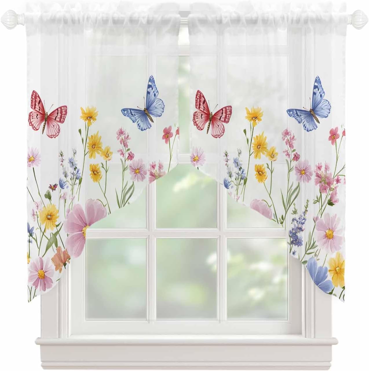 Pink Blue Yellow Floral Swag Valances for Windows Butterfly Wildflower Semi Sheer Valance Curtains Watercolor Plant Voile Swags Topper Curtain for Kitchen Living Room Bedroom, 2 Panels, 36x45 Inch