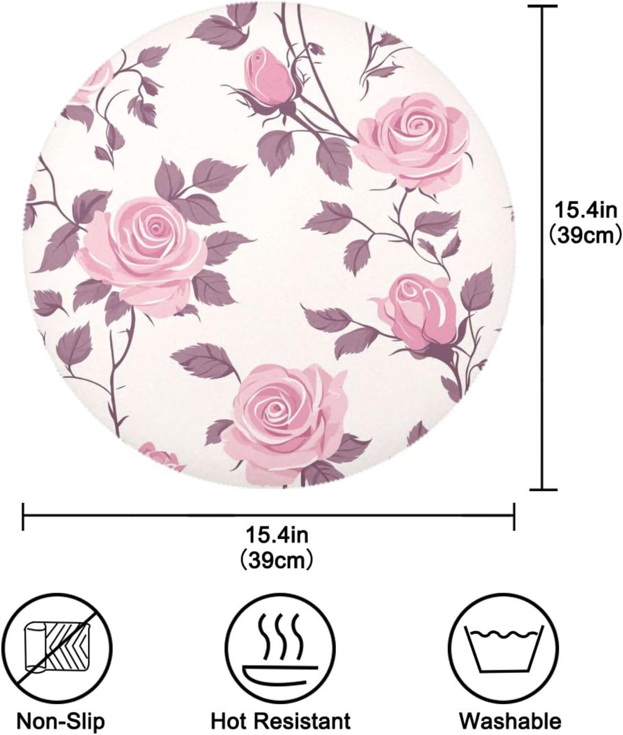 Floral Pattern Rose Peach Decorative Spring placemats Round for Linen placemats Heat Resistant Waterproof individuales para comedor 15.4x15.4in Set of 6