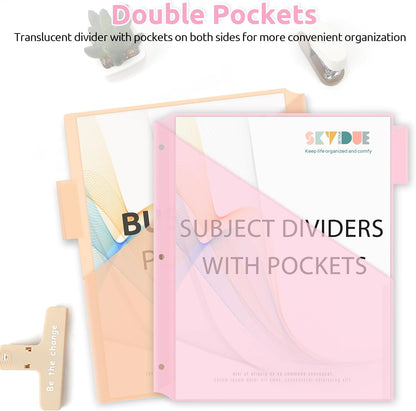 SKYDUE Binder Dividers with Two Pockets, 1Set, 5 Tabs Dividers for 3 Ring Binder, Plastic Binder Dividers with Tabs for School, Office, and Home Organization,Pink