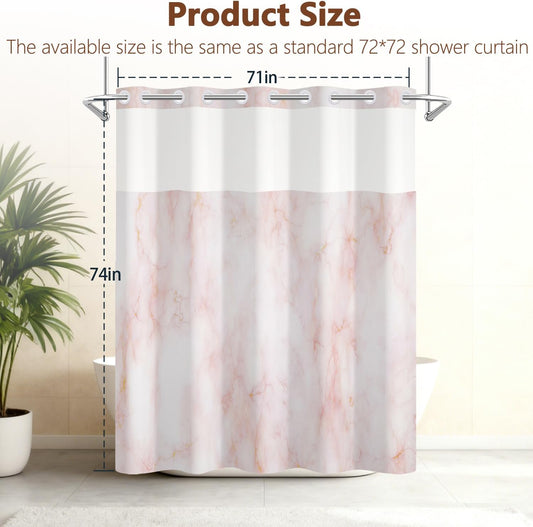 Pink Marble Shower Curtain with Snap in Liner, Modern Abstract Pink and Gold Art Bathroom Curtains Decor, Waterproof Fabric No Hook Shower Curtain with Top Mesh Window and Weighted Hem, 71x74 Inch