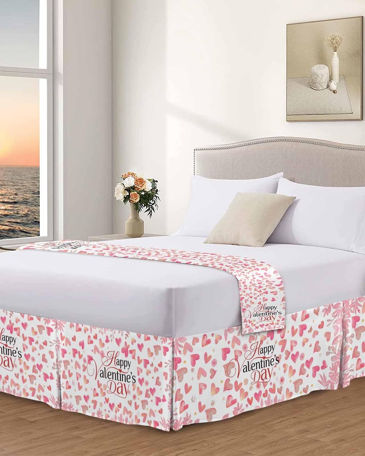 Valentine's Day Bed Skirt Queen Size 16 Inch Drop with Split Corners, Dust Ruffled Pleated Bed Skirts Wrap Around Tailored Bedding Skirt Valance for Bedroom Peach Pink Love Floral Modern Romantic