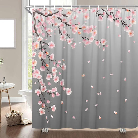Cherry Blossom Shower Curtain Pink Grey Blooming Floral Asian Japanese Watercolor Flower Branch Nature Plant Bathroom Decor Curtains with Hooks 70" WX70 L