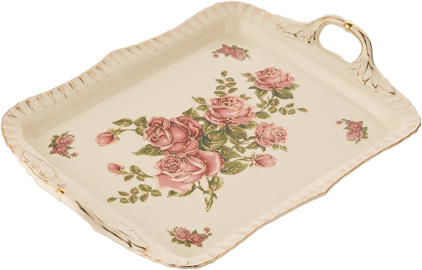 YOLIFE Ivory Serving Tray, Ceramic Floral and Gold Leaves Decorative Platter for Tea Party 15 X 11 inch (Pink Rose)