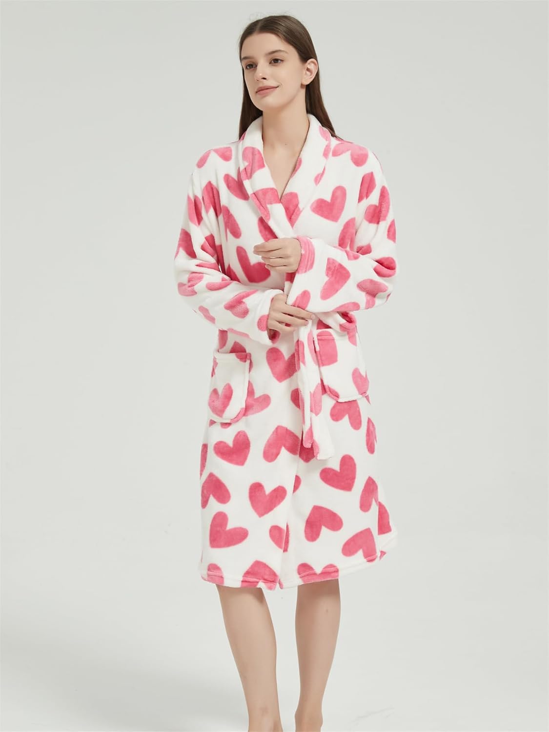Women's Pink Heart Printed Wrapped Belted Flannel Lounge Robe, Casual Pocket Shawl Collar Thermal Robe