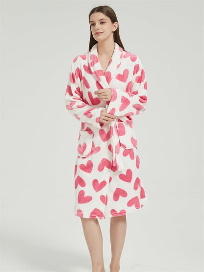 Women's Pink Heart Printed Wrapped Belted Flannel Lounge Robe, Casual Pocket Shawl Collar Thermal Robe