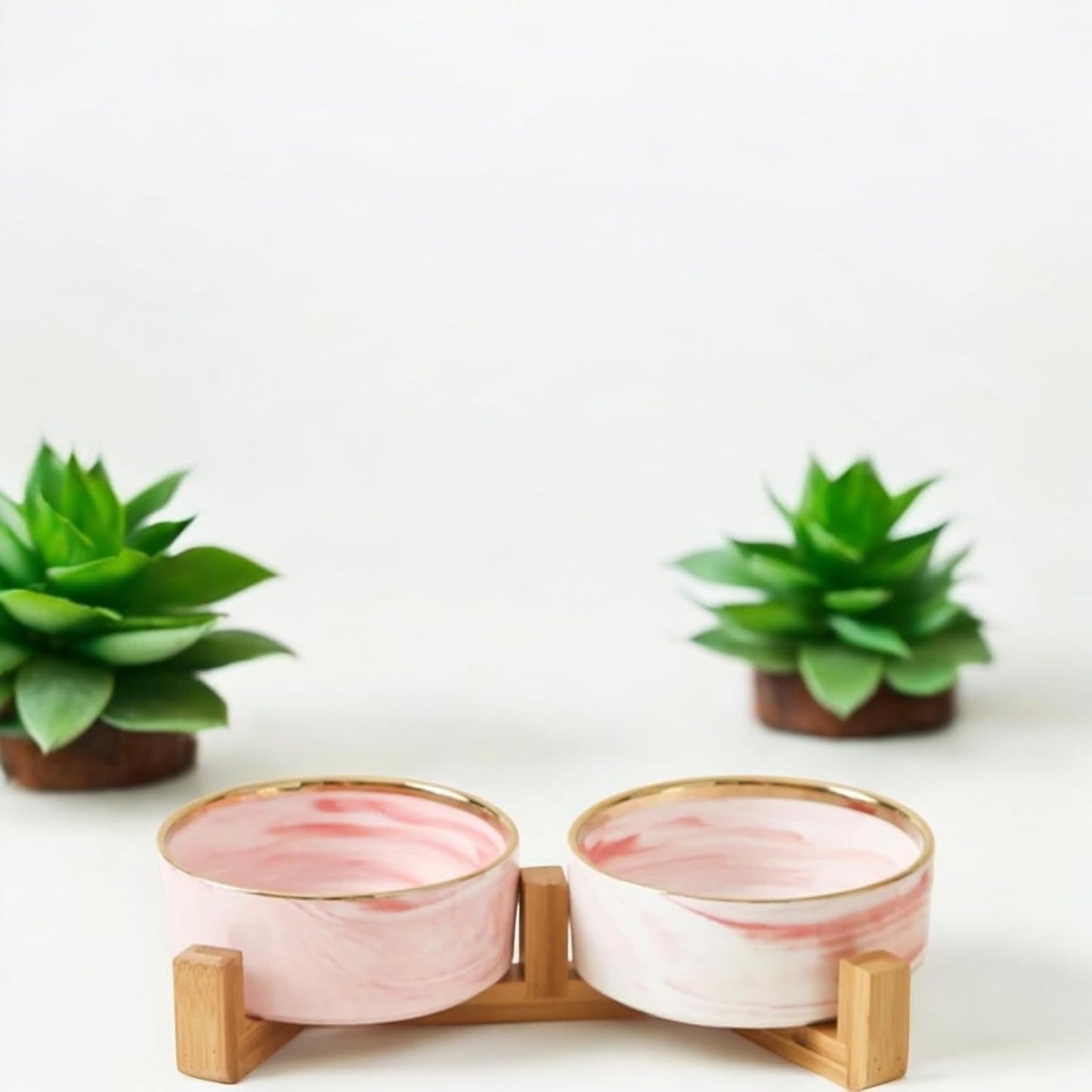 Ceramic Pet Bowl (Marble Design) Set of 2 with Stand, 2cups and 4 Cups Capacity (Marble Pink w/Gold, Small, 2 Cups per Bowl)