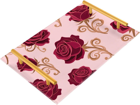 Vintage Flowered Red Pink Decorative Rectangle Tray with Handles Divided Serving Tray for Jewelry Perfume for Food Carrying bandejas para cama