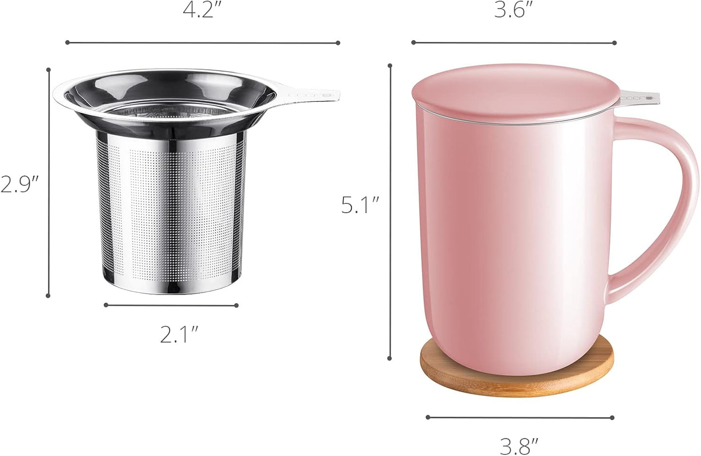 CEEFU Porcelain Tea Mug with Infuser and Lid, Teaware with Filter and Coaster, Loose Leaf Tea Cup Steeper Maker, 16 OZ for Tea/Coffee/Milk/Women/Office/Home/Gift (Pink)