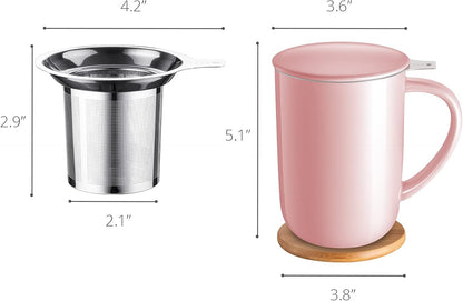 CEEFU Porcelain Tea Mug with Infuser and Lid, Teaware with Filter and Coaster, Loose Leaf Tea Cup Steeper Maker, 16 OZ for Tea/Coffee/Milk/Women/Office/Home/Gift (Pink)