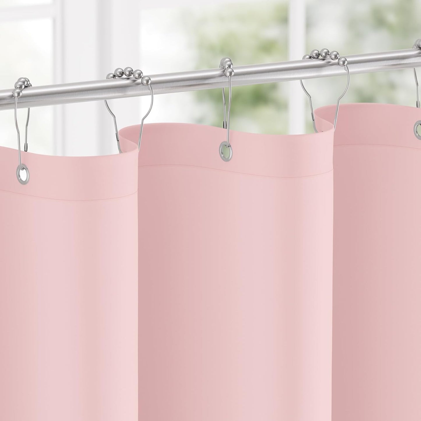 Bathway Pink Scalloped Shower Curtain with 12 Metal Hooks, Cute Heavy Duty Washable Curtains for Bathroom Hotel Bathtub, Water Repellent, 72 x 72 Inches