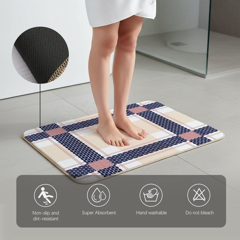 Bath Mat Pink Check Anti Slip Quick Drying Door Rugs Bath Rug for Bathroom Shower Kitchen 24 × 16 Inch Gift for Housewarming Friends Family