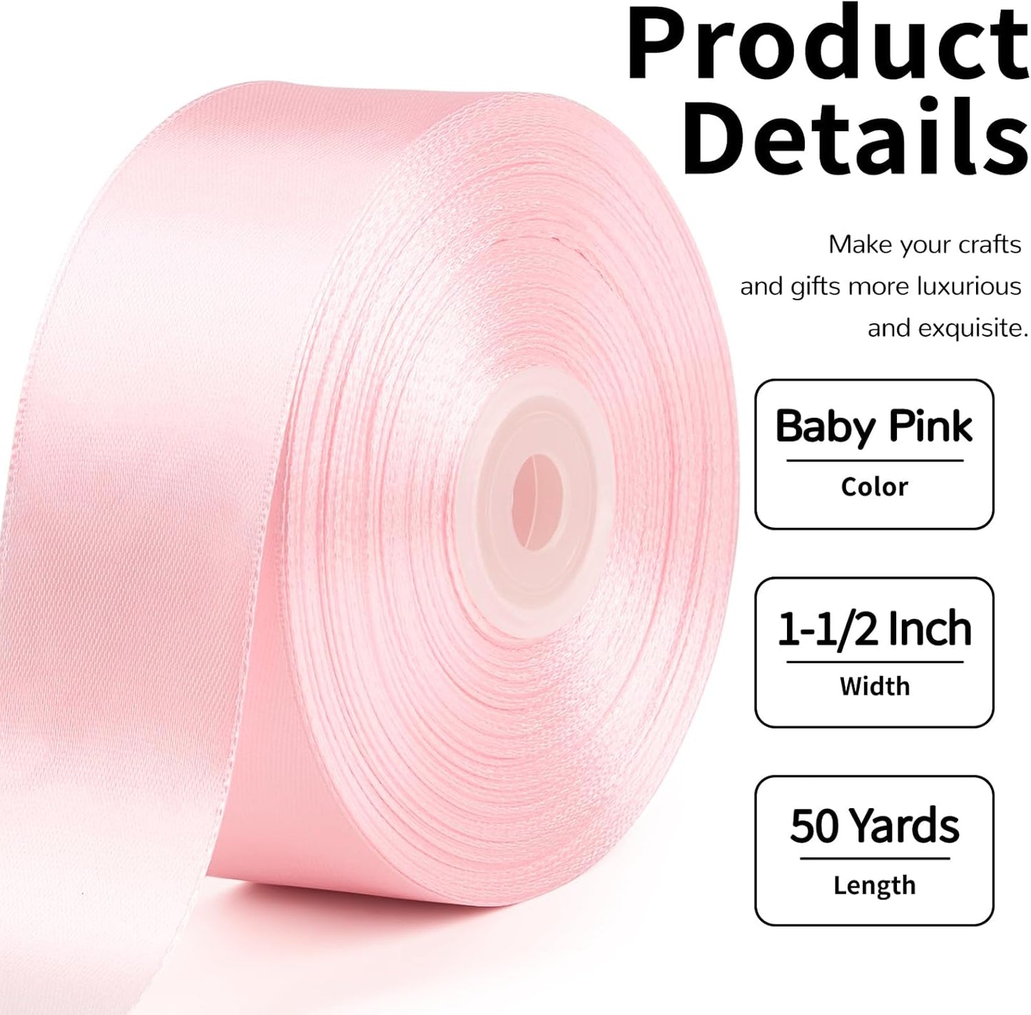1-1/2 Inch Wide Baby Pink Satin Ribbon, 50 Yards Solid Polyester Fabric Ribbon for Roses Making, Gift Wrapping, Flower Bouquets, Wedding Decorations, Handmade Crafts