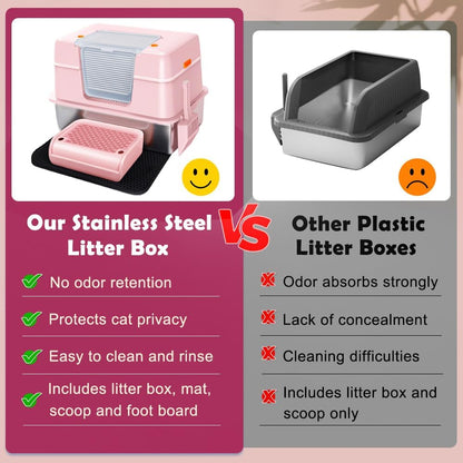 Vivifying Pink Stainless Steel Covered Cat Litter Box – Odor-Control, Easy-Clean Modular Enclosed Kitty Toilet, Elegant Design for Stylish Cat Moms