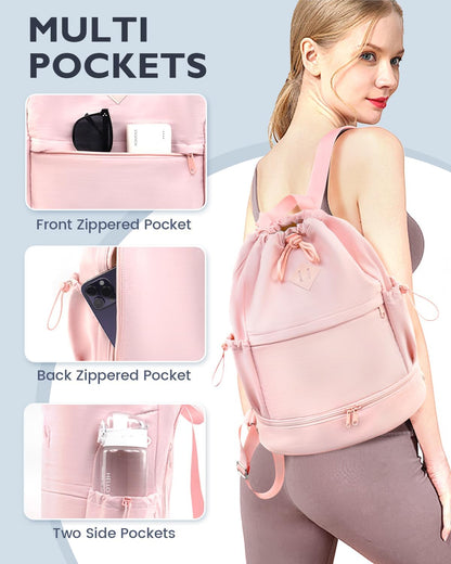 RHDZO Drawstring Backpack Sports Gym Bag with Shoe Compartment and Wet Pocket String Swim Bag for Women Men Beach Backpack, Pink