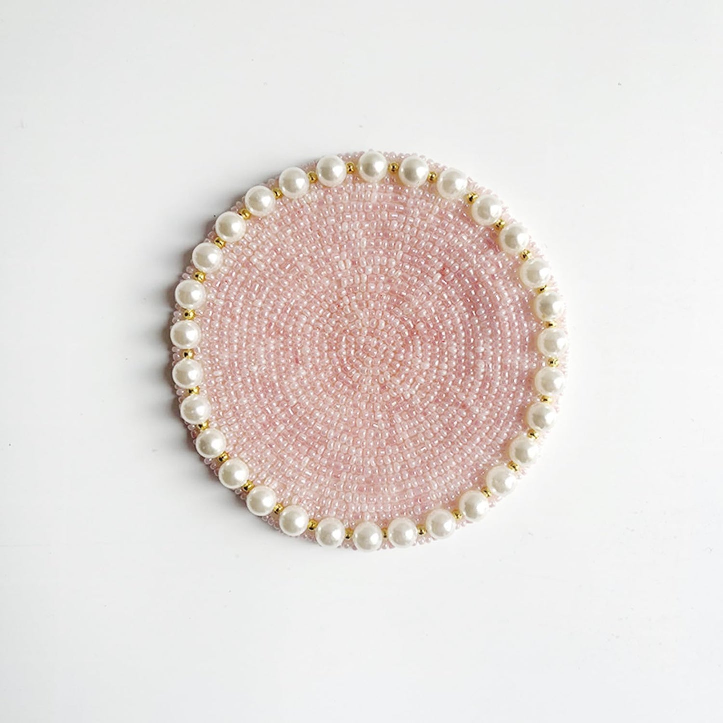 Handmade Beaded Tabletop Protection Coaster - Imitation Pearl, 4 Inch Round, Coffee/Tea/Bar Coaster, Dinning Table Accessories Decor Gift Art (Pink)