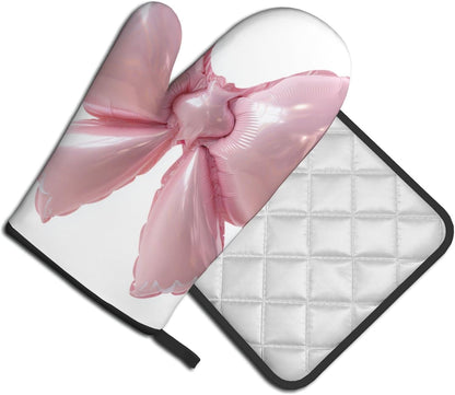 Light Pink Bow Balloon Oven Mitts and Pot Holders Sets,Heat Resistant Potholder Kitchen Decor for Cooking Baking BBQ, Oven Glove Set