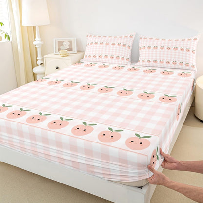 Homewish Peach Print Bed Sheets Full Size,Pink White Checkered Bedding Set 4Pcs for Kids Girls Boys Teens Room Decor,Cartoon Fruit Fitted Sheets Sweet Kawaii Top Flat Sheet,2 Pillowcases