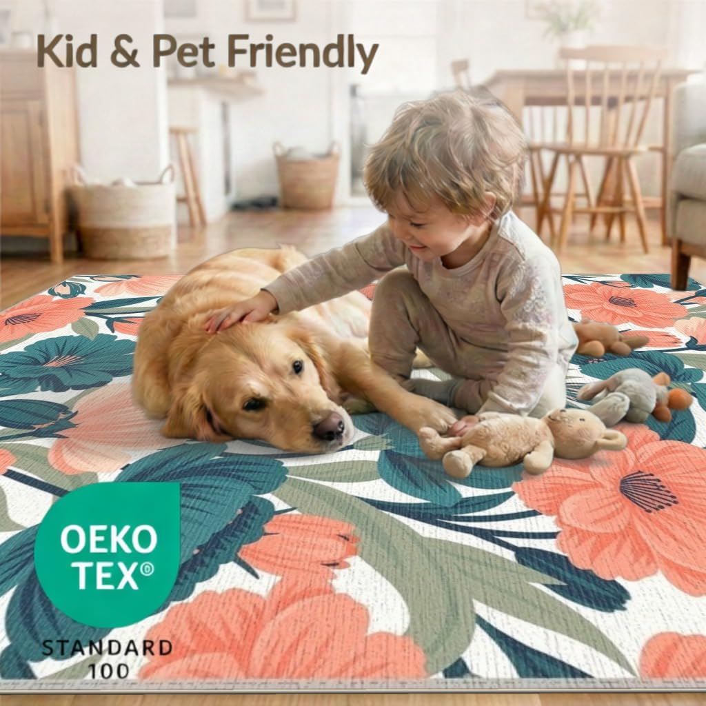 5'x7' Washable Flatwoven Rug, Peach Contemporary Botanical Stain Resistant Area Rug Non-Slip Low Profile Floor Covering for Guest Room, Lounge, Apartment | Ref:2157510