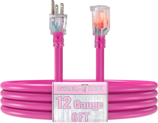 Outdoor Extension Cord with Lighted End, 12 Gauge Heavy Duty 6 FT, 3 Prong Grounded 15 Amp Extension Cord, 12/3 SJTW Waterproof Power Cord for Appliance, UL Listed, Pink