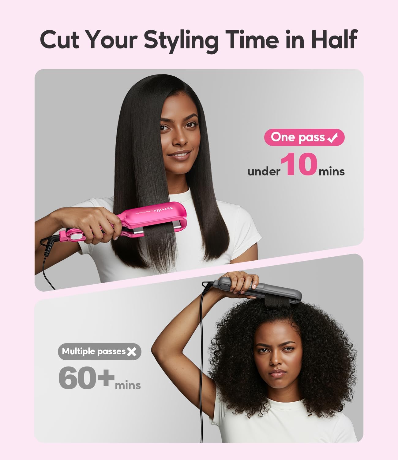 Terviiix 2 Inch Wide Ceramic Hair Straightener Flat Iron for Thick Curly Hair - Heats in 30s, 300F-450F Adjustable, Dual Voltage for Travel, Auto Shut Off, Pink