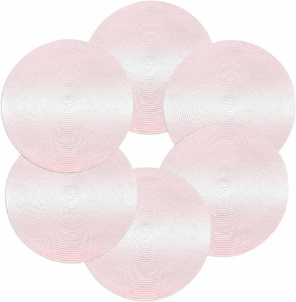 Round 13'' Placemats Set of 6, Pink Ombre HeatResistant Polypropylene Placemats, Aesthetic Art Farmhouse Gradient Pink Washable Woven Braided Place Mats for Dining Table, Non Slip Kitchen Table Decor