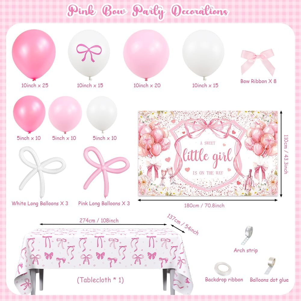 AIBIIN 120Pcs Pink Baby Shower Decorations for Girls, Pink Bows A Sweet Little Girl is on The Way Coquette Backdrop Balloon Set with Bow Tablecloth Newborn It's A Girl Party Banner Photo Booth Props