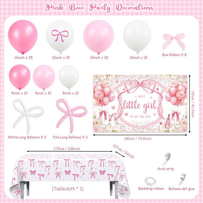 AIBIIN 120Pcs Pink Baby Shower Decorations for Girls, Pink Bows A Sweet Little Girl is on The Way Coquette Backdrop Balloon Set with Bow Tablecloth Newborn It's A Girl Party Banner Photo Booth Props