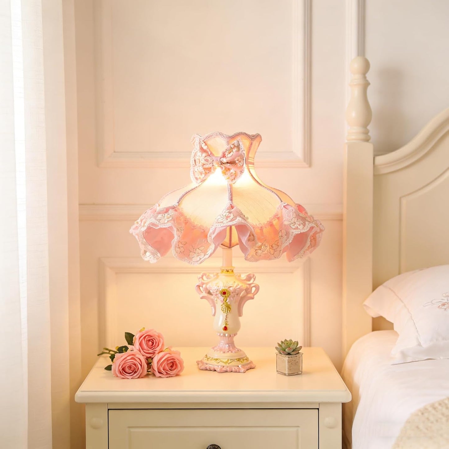 Victorian Style Table Lamp Pink Princess Desk Lamps Handmade Fringe Lace Fabric Shade Traditional Resin Flower Carved Base for Girl's Room Bedroom Office Living Room Reading, D13.7'' X H18.9