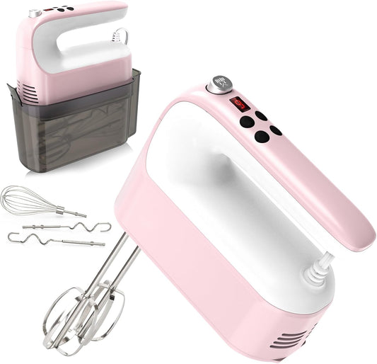 Yomelo 9-Speed Digital Hand Mixer Electric, 400W Powerful DC Motor, Hand Mixer Electric Handheld with Snap-On Storage Case, 5 Stainless Steel Accessories, Beaters, Dough Hooks, Whisk(Pink/White)