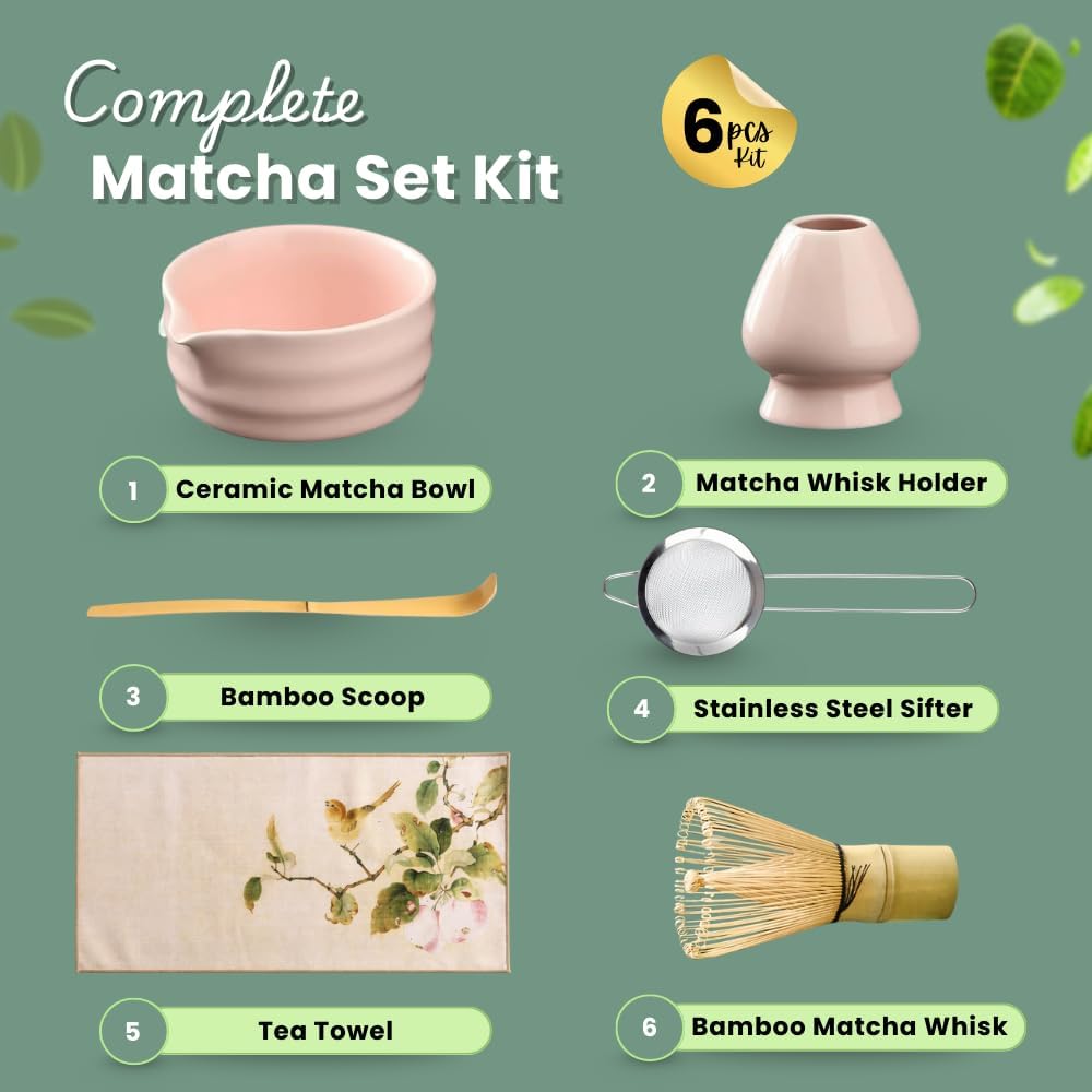 Matcha Bowl Set – Japanese Matcha Tea Ceremony Kit with Whisk, Scoop & Sifter – Authentic Matcha Bowl (Green, Pink, White, Black) – Premium Gift Set by Sakura Home (Pink)