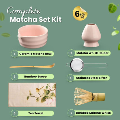 Matcha Bowl Set – Japanese Matcha Tea Ceremony Kit with Whisk, Scoop & Sifter – Authentic Matcha Bowl (Green, Pink, White, Black) – Premium Gift Set by Sakura Home (Pink)
