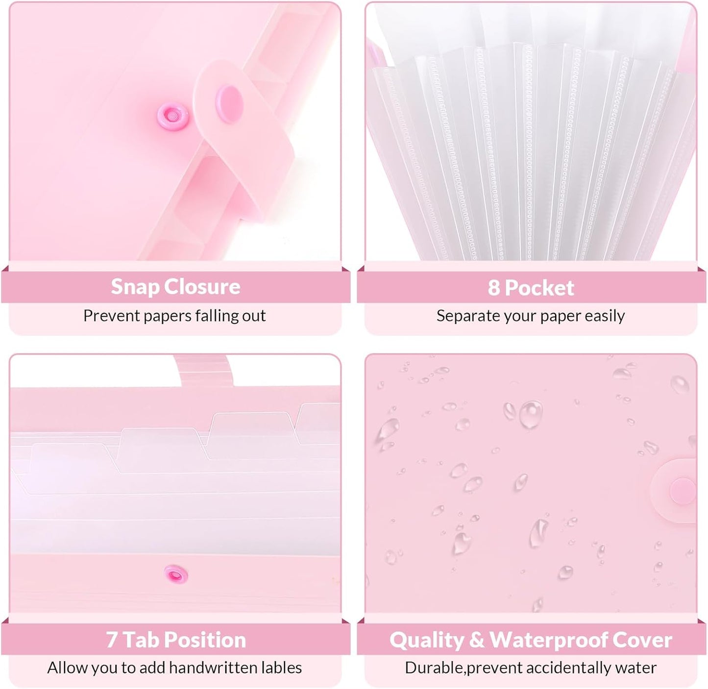 SKYDUE Pink Accordion File Organizer, Expanding File Folder with 8 Pockets, Expandable Document Paper Receipt Organizer, Letter/A4 Size Filing Folder School Office Supplies