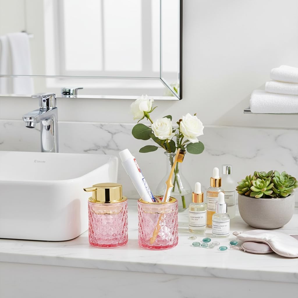 Bathroom Accessories Set 2pcs Glass Foaming Soap Dispenser and Toothbrush Holder for Bathroom Countertop, Pink Glass Bathroom Assessory Set with Gold Decor