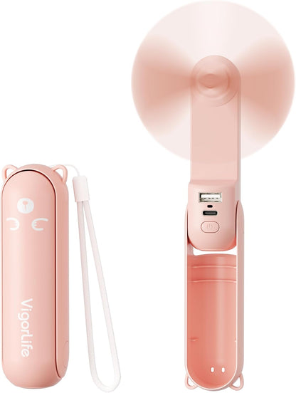 Portable Fan Mini Handheld Fan, Cute Pocket Personal Fan, USB Rechargeable Travel Fan with Power Bank & LED Flashlight, Foldable Small Cooling Fan for Beach, Summer Essentials,Summer Gift for Her