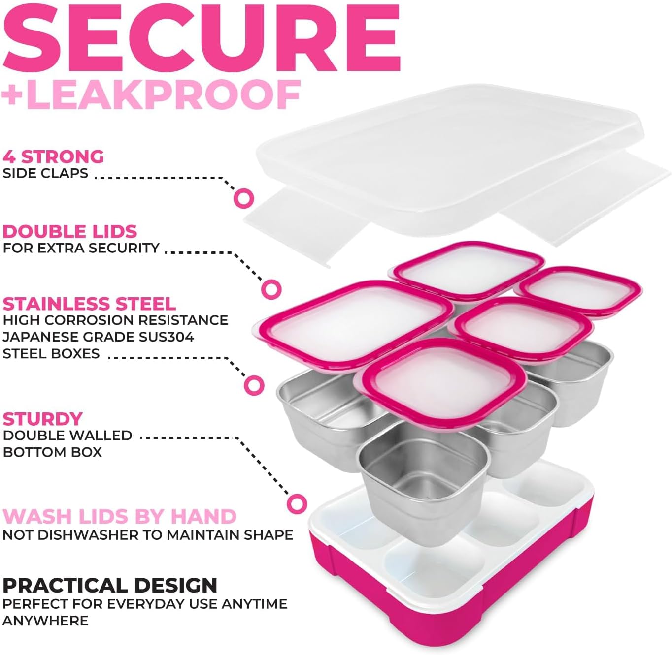 kinsho Stainless Steel Bento Lunch Box Set for Adults, Kids - Insulated Bag and Ice Pack - Leak-Proof Metal Compartment Meal Prep Food & Snack Containers for Work Travel School Daycare, 34 oz Pink