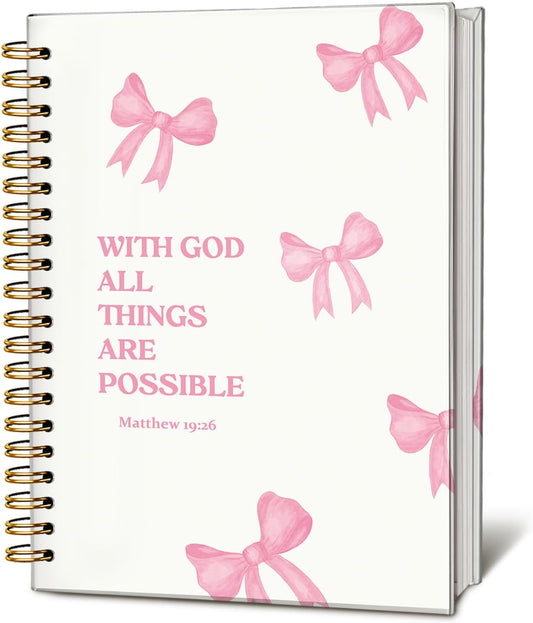 Bible Journal for Women, Christian Gifts for Women Girls, Prayer Bible Study Supplies Journaling Notebook, Cute Preppy daily devotional, Coquette Pink Bow Hardcover Spiral Notebook 5.5 x 8.3