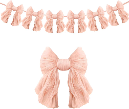 1 String of 6 Peach Bows Garland Banner Decoration, Adjustable Pre-Strung Ornaments for Birthday, Bachelorette Party, Bridal Shower, Wedding, Engagement, Baby Shower, Graduation Decor, Anniversary